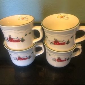 Four Pfaltzgraff Cups Snow Village 10 Oz. Cups Mugs Holiday Angel Barn